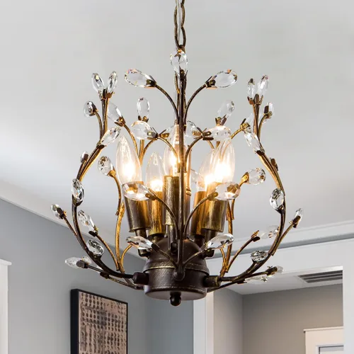 Candelabro de cristal vintage de 5 luces, lámpara colgante de techo de rama de árbol para comedor, dormitorio, pasillo, vestíbulo, acabado de bronce