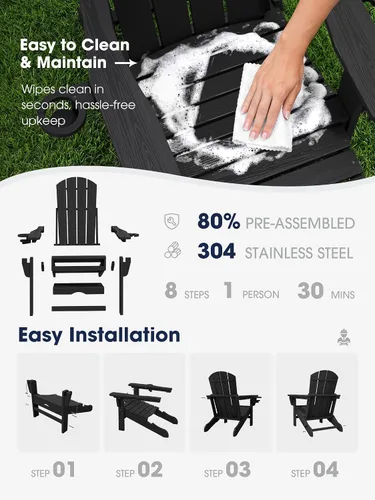 Miniatura 7 de KINGYES Silla Adirondack plegable ajustable con otomana retráctil, silla reclinable Adirondack de polietileno de alta densidad con soporte