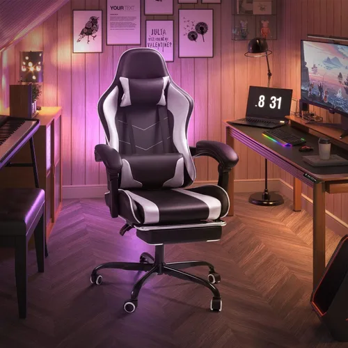 Miniatura 2 de Shahoo Silla de juegos con reposapiés y soporte lumbar de masaje, sillas ergonómicas para computadora giratorias de 360° y asiento ajustable
