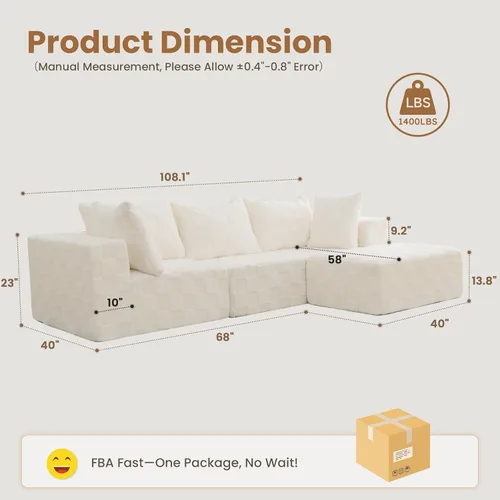 Miniatura 2 de Sofá modular seccional, sofá deshuesado en forma de L de 108 pulgadas con asiento profundo, sofá nube de pana para sala de estar, dormitorio,