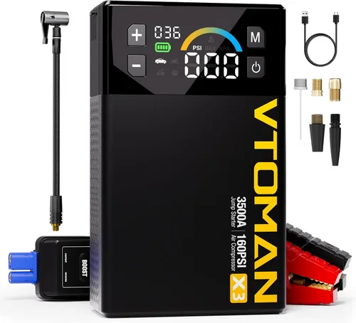 VTOMAN Arrancador de salto X3 con compresor de aire, batería de coche portátil de 3500 A (motores diésel de 9 L/8.5L) con inflador de neumáticos de