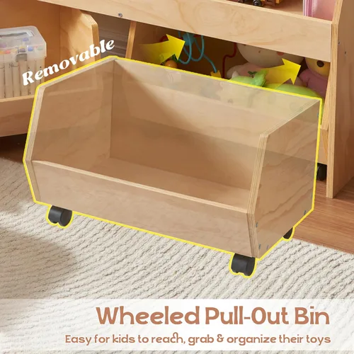 Miniatura 5 de Montessori - Estante organizador de juguetes 3 en 1 para niños con ruedas, 2 cajones extraíbles y armario de almacenamiento de madera de 2 niveles