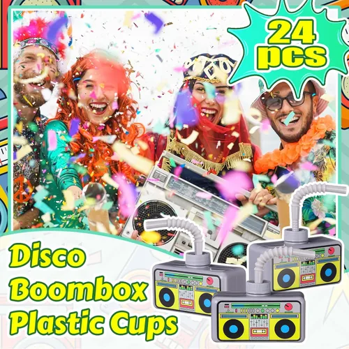 Miniatura 5 de Mifoci 24 piezas de decoraciones de fiesta de los años 80 y 90 con pajitas, vaso de radio de plástico reutilizable de 10 onzas a granel