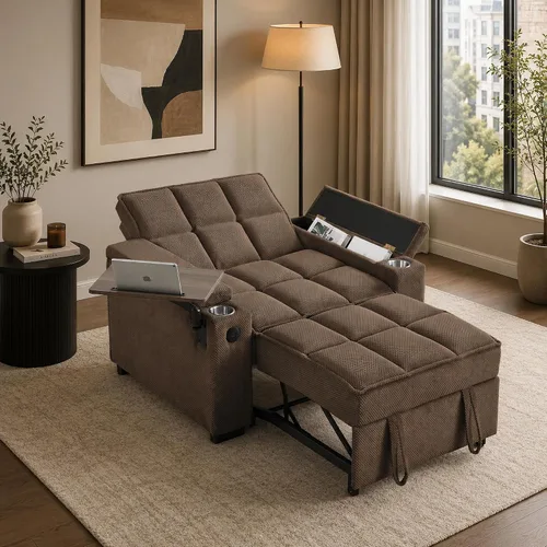 Miniatura 8 de Sofá cama convertible 3 en 1, sofá extraíble con puertos USB, portavasos y reposabrazos de almacenamiento, silla de dormir con mesa auxiliar