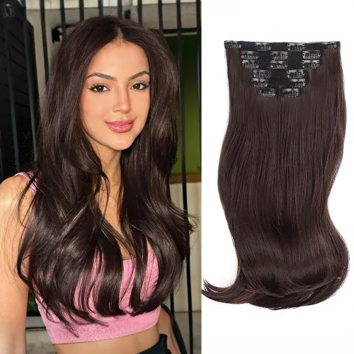 ALXNAN Extensiones de cabello con clip, extensiones de cabello largas y gruesas con capas de color marrón oscuro de 16 pulgadas con trama de encaje