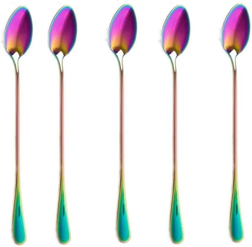 Miniatura 2 de Juego de 10 cucharas de mango largo para té helado, café y postres, acero inoxidable con cucharas mezcladoras chapadas en oro