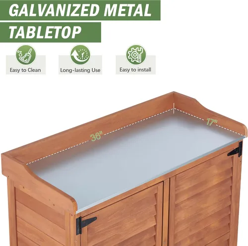 Miniatura 4 de Banco para macetas al aire libre con parte superior de trabajo de metal, gabinete de almacenamiento de jardín impermeable, estación de herramientas