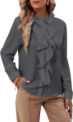 Miniatura 23 de LYANER - Blusa de manga larga con cuello de botón y volantes en la parte delantera para mujer