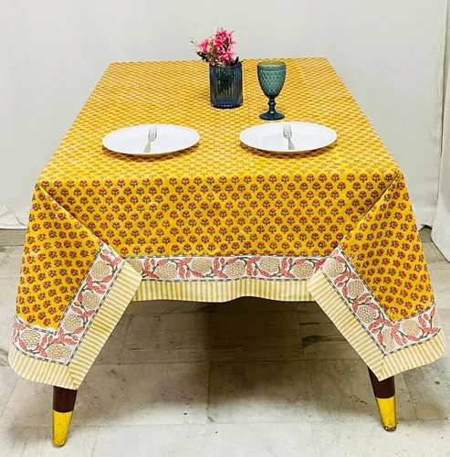 Miniatura 2 de Ridhi Mantel rectangular de algodón con estampado de bloque a mano amarillo mostaza, 102 x 48 pulgadas, reutilizable, decorativo para uso diario