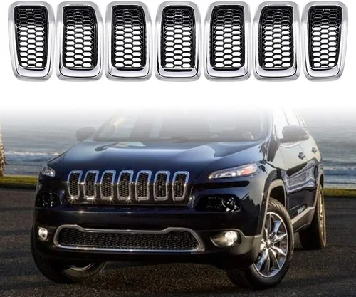 Miniatura 5 de Juego de insertos de rejilla de malla de panal de abeja, color negro, kit de moldura cromada compatible con Jeep Cherokee 2014-2018