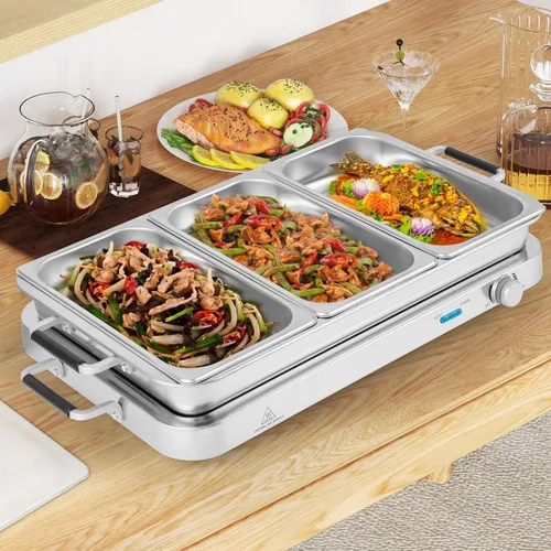 Miniatura 2 de Giantex Servidor de Buffet y Calentador de Alimentos Eléctrico, Bandeja de Calentamiento de Alimentos 2 en 1, Temperatura Ajustable, 3 Bandejas