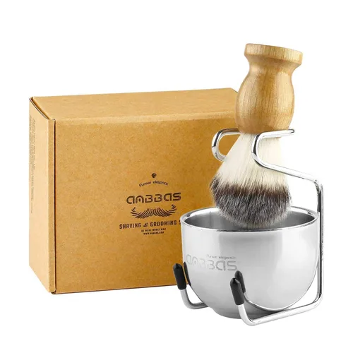 Miniatura 7 de Anbbas brocha de afeitar con pelo sintético de tejón y mango de madera, soporte y cuenco de afeitado de acero inoxidable, perfecto para afeitado