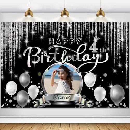 Miniatura 109 de Cartel de decoración de feliz cumpleaños número 100 personalizado - Personalización disponible - Negro y plateado - Tamaño grande - Admite fotos