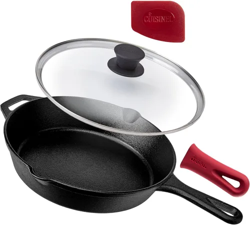 Miniatura 20 de Cuisinel Juego de sartenes de hierro fundido, sartén de 8 pulgadas + 12 pulgadas + tapas de vidrio, utensilios de cocina pre-sazonados, soportes