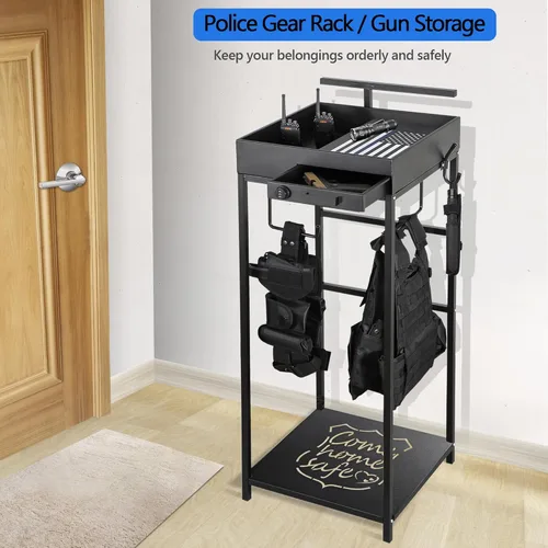 Miniatura 2 de Police Gear Stand, Police Hanger, Tactical Duty Gear Rack with 3 Hooks, Free-Standing All Iron Frame Police Gift Decor with Flag, Black, Come Home