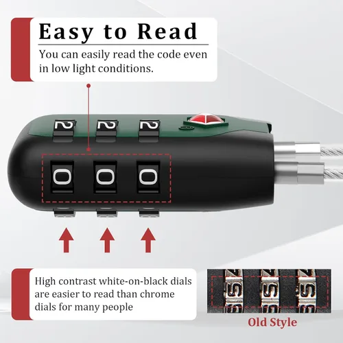 Miniatura 3 de Joyway Candado de equipaje aprobado por la TSA, candado de cable de combinación de 3 dígitos con cuerpo de aleación, cerraduras de combinación