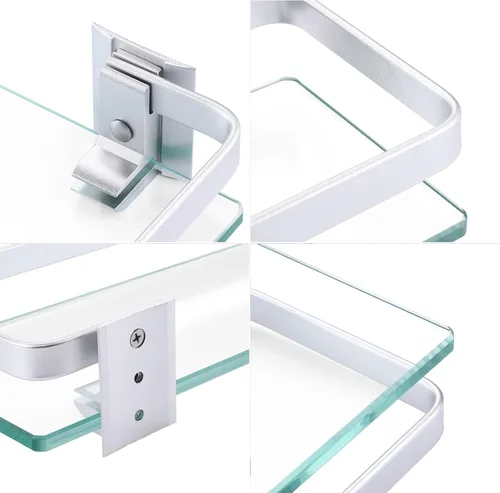 Miniatura 8 de Baño estante de vidrio Kes con riel de aluminio y extra grueso vidrio templado, estantería de ducha rectangular estilo contemporáneo soporte