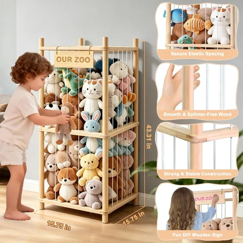 Miniatura 6 de Almacenamiento de animales de peluche, almacenamiento de zoológico de animales de peluche de madera, organizador de juguetes de ahorro de espacio