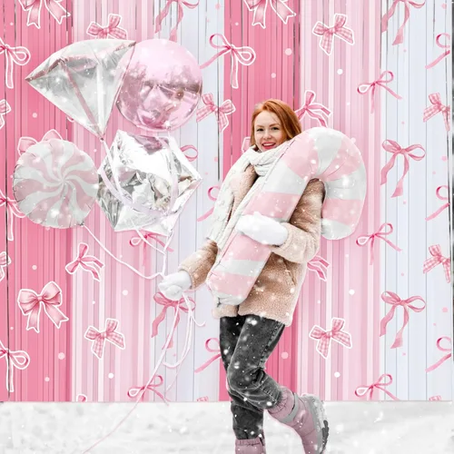 Miniatura 5 de Panelee Telón de fondo de lazo rosa de 3.3 x 6.6 pies, cortina de flecos de papel de oropel con flecos, lazos rosados, decoración de fiesta