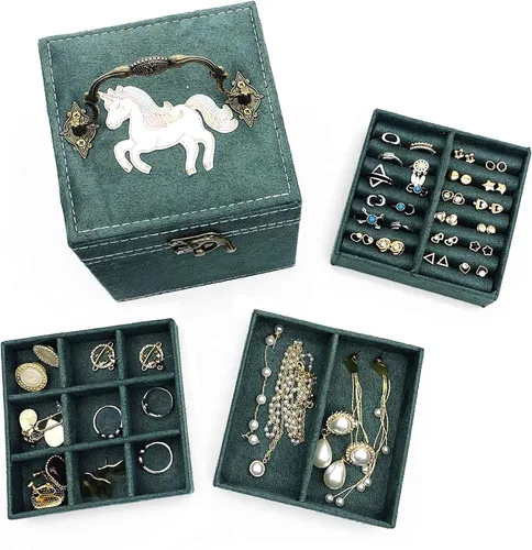 Lemonadeus Organizador de joyas retro de terciopelo de 3 capas para mujeres y niñas pequeño joyero de viaje portátil aretes collares pulseras