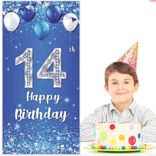 Miniatura 6 de COOSOAR Cartel de feliz cumpleaños número 14, globos de cristal brillantes estrellas confeti decoración para niños y niñas, fiesta de cumpleaños