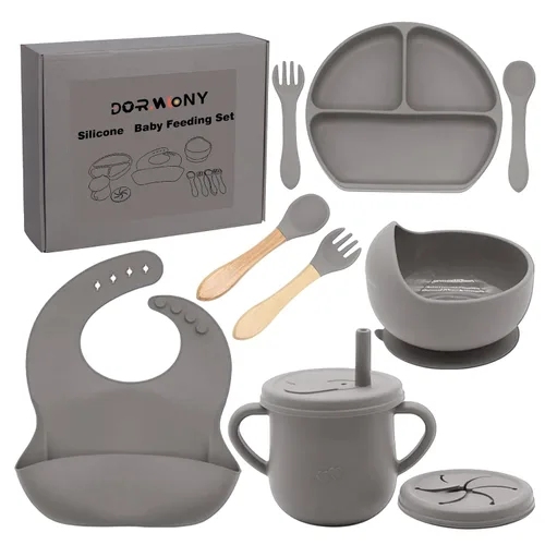 Miniatura 15 de Juego de alimentación para bebés 100% de silicona, sin BPA, con ventosa, plato dividido, juego de platos de autoalimentación para niños pequeños