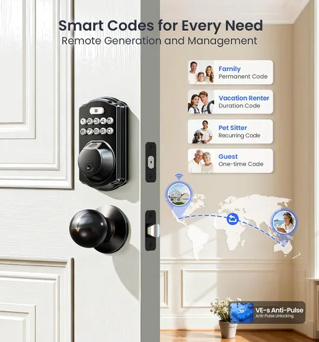Miniatura 4 de Veise VE012W-K - Cerradura inteligente de huellas dactilares WiFi integrada con 2 perillas, no necesita concentrador, control remoto por aplicación