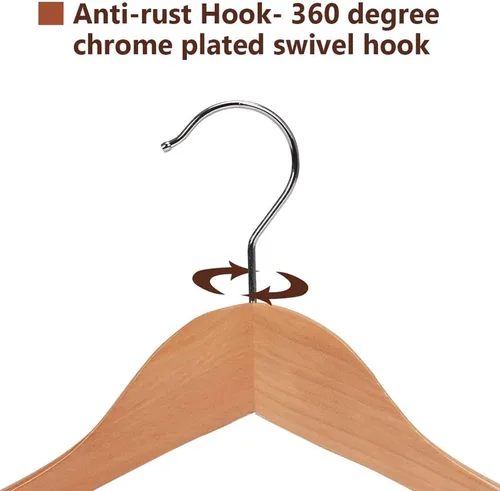 Miniatura 5 de JS HANGER Perchas de madera para trajes, paquete de 6 perchas de madera extra anchas con barra antideslizante para pantalones, acabado natural extra