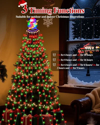 Miniatura 4 de Guirnalda de luces de cascada de Navidad para exteriores, luces de árbol de Navidad con 335 luces LED de 11.48 pies, 9 hebras, 8 modos