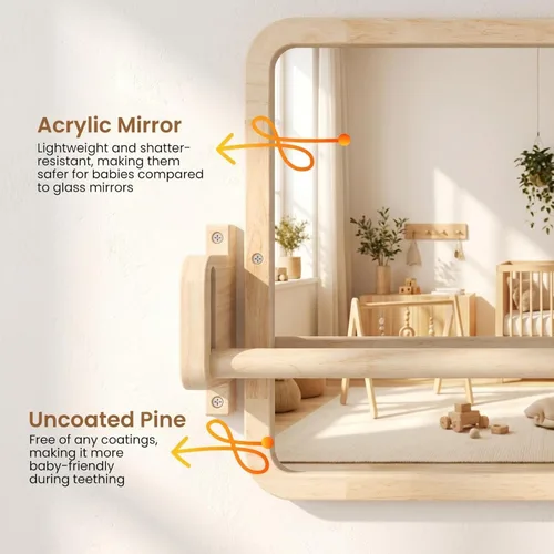Miniatura 4 de Woodtoe Espejo Montessori con barra, juguetes ajustables para bebés, marco de madera maciza sin pintar natural y barra de dominadas para bebés