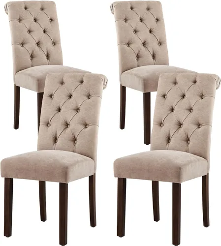 Miniatura 15 de Juego de 2 sillas de comedor capitoné, sillas de comedor Parsons tapizadas, sillas auxiliares de cocina de tela con patas de madera, beige