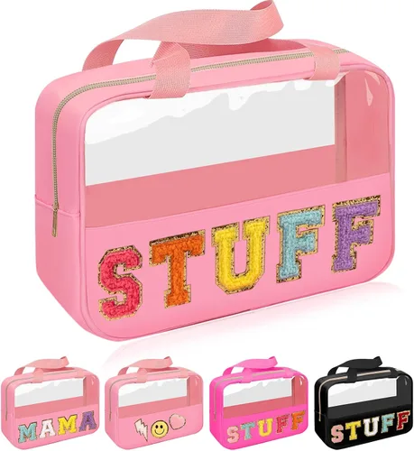 Miniatura 13 de Iqimott Bolsa de bebé con parche de letras de chenilla, bolsa de cosméticos transparente para maquillaje, bolsa grande de almacenamiento