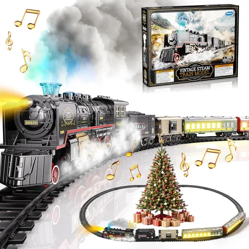 Funwee Juego de tren con vagones de pasajeros brillantes para debajo del árbol de Navidad, juguete de tren eléctrico con humo, luz y sonido, idea de