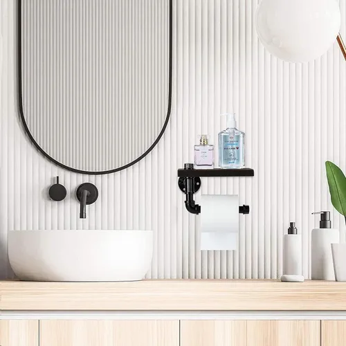Miniatura 3 de Soporte de papel higiénico con estante, colgador industrial de papel higiénico montado en la pared con estante de madera rústica para baño, baño