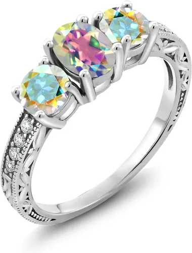 Miniatura 47 de Gem Stone King Anillo de compromiso de 3 piedras preciosas de oro blanco de 10 quilates con piedra natal y diamantes cultivados en laboratorio