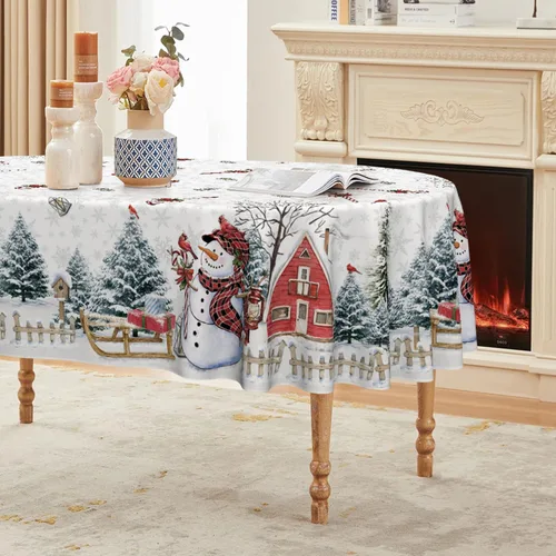 Miniatura 14 de Horaldaily Mantel de Navidad rectangular de 52 x 70 pulgadas, casa de muñeco de nieve de invierno, árboles de Navidad, color negro, lavable