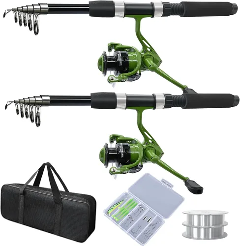 Paquete de 2 cañas de pescar, combos de caña de pescar con caña de pescar telescópica, carretes giratorios, bolsa de transporte de pesca para Verde