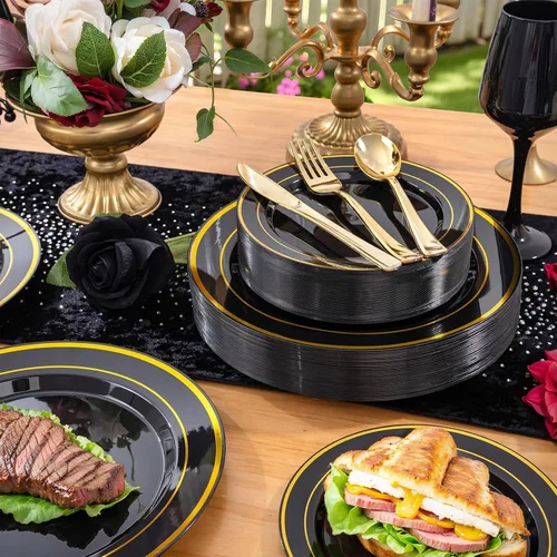 Miniatura 7 de WELLIFE 210 piezas platos de plástico negro y dorado - Juego de vajilla de plástico para 30 invitados, incluye 30 platos de cena, 30 platos