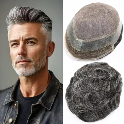 Miniatura 20 de HAPPY&CC Toupee - Piezas de cabello humano con encaje frontal suizo para hombre, parte superior fina mono con poliuretano alrededor de sistema de #1B