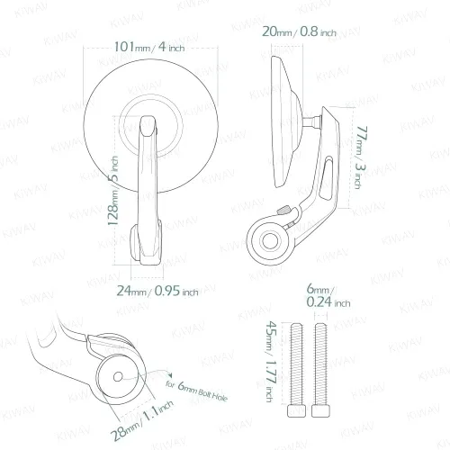 Miniatura 4 de KiWAV Espejos de extremo de barra de motocicleta Bob negro compatible con manillar roscado M6