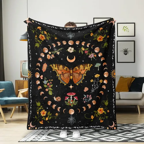 Miniatura 8 de Lifeel Manta de forro polar con diseño de mariposa y luna azul, diseño botánico floral, bohemio, acogedora decoración para siesta para sofá, cama