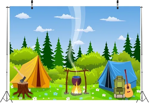 Miniatura 4 de BELECO Telón de fondo de campamento de 5 x 3 pies, tela de dibujos animados, escena del bosque, fogata, tienda de campaña, tienda de campaña