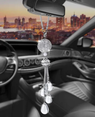 Miniatura 18 de Glamorosa decoración colgante de espejo de coche con cabeza de zorro azul oscuro, adorno de automóvil con temática animal para mujeres y hombres