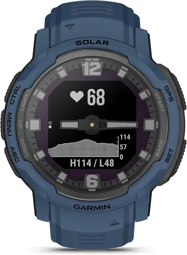 Miniatura 2 de Garmin Instinct Crossover Solar, reloj inteligente híbrido resistente con capacidad de carga solar, manecillas analógicas y pantalla digital, azul