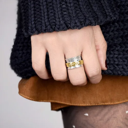 Miniatura 7 de Boho-Magic Anillo giratorio de plata de ley 925 con flores para mujer con 3 anillos antiestrés de latón de banda ancha