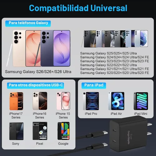 Miniatura 2 de Paquete de 2 cargadores súper rápidos USB C de doble puerto para teléfono Android tipo C, bloque de carga rápida con cable de carga tipo C de 6 pies