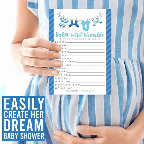 Miniatura 8 de Hadley Designs Juegos de baby shower para 25 invitados – Juego de ropa azul para baby shower, juego de baby shower verdadero o falso, juego