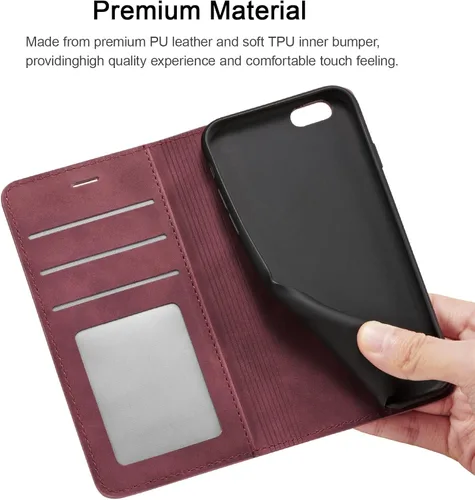 Miniatura 6 de QLTYPRI Funda para iPhone 6 Plus/6S Plus, cubierta de piel PU con tarjetero, funda tipo billetera con solapa magnética y a prueba de golpes - Vino