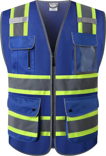 Miniatura 5 de Chalecos de seguridad reflectantes clase 2 retro con 9 bolsillos y cremallera frontal ANSI/ISEA 107-2015 (Negro-03, S)