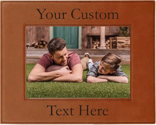 Miniatura 13 de Marco de fotos de piel sintética de cuero sintético grabado para añadir tu texto personalizado para colgar o en la mesa, marco de fotos familiares